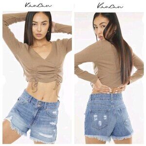 Kancan Sarah High Rise Fray Mom Shorts Light Wash Size 5 26 Distressed Pockets